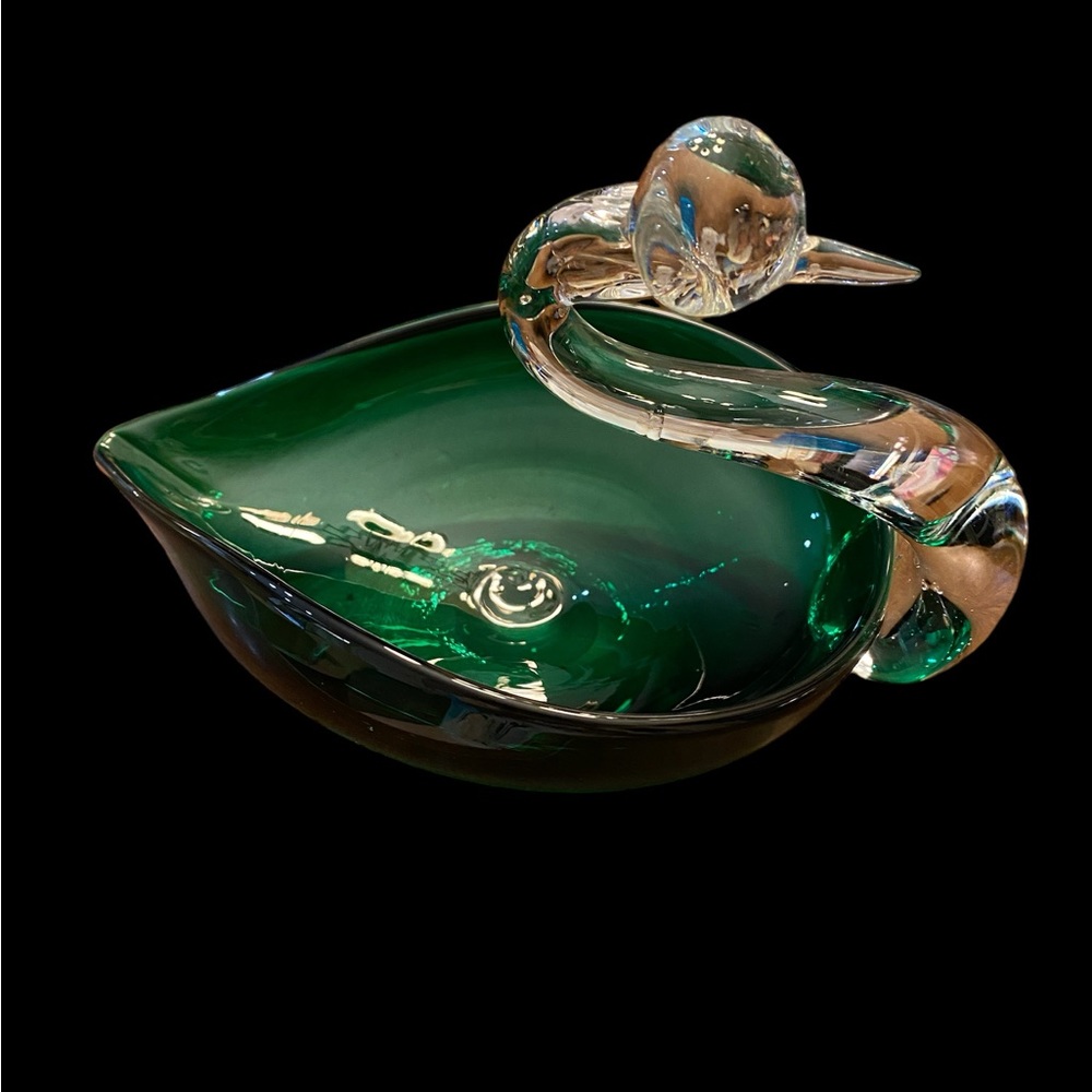 MCM Vintage Emerald Green Art Glass Swan Trinket Candy Dish